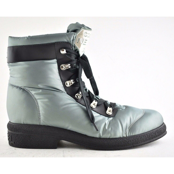 Chanel 18B Green Black Nylon CC Logo Coco Neige Snow Winter Lace Up Tie Boots 42 - Picture 1 of 10